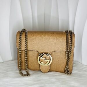 GUCCI Interlocking G Small Shoulder Bag Tan Dollar Calf Gold Hardware